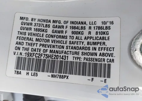 2017 Honda Civic Ex from USA, damaged, VIN 19XFC2F75HE201431